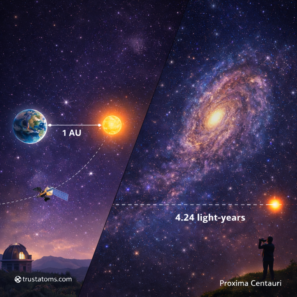 Split illustration comparing solar system distance using astronomical units with interstellar distance using light-years.
