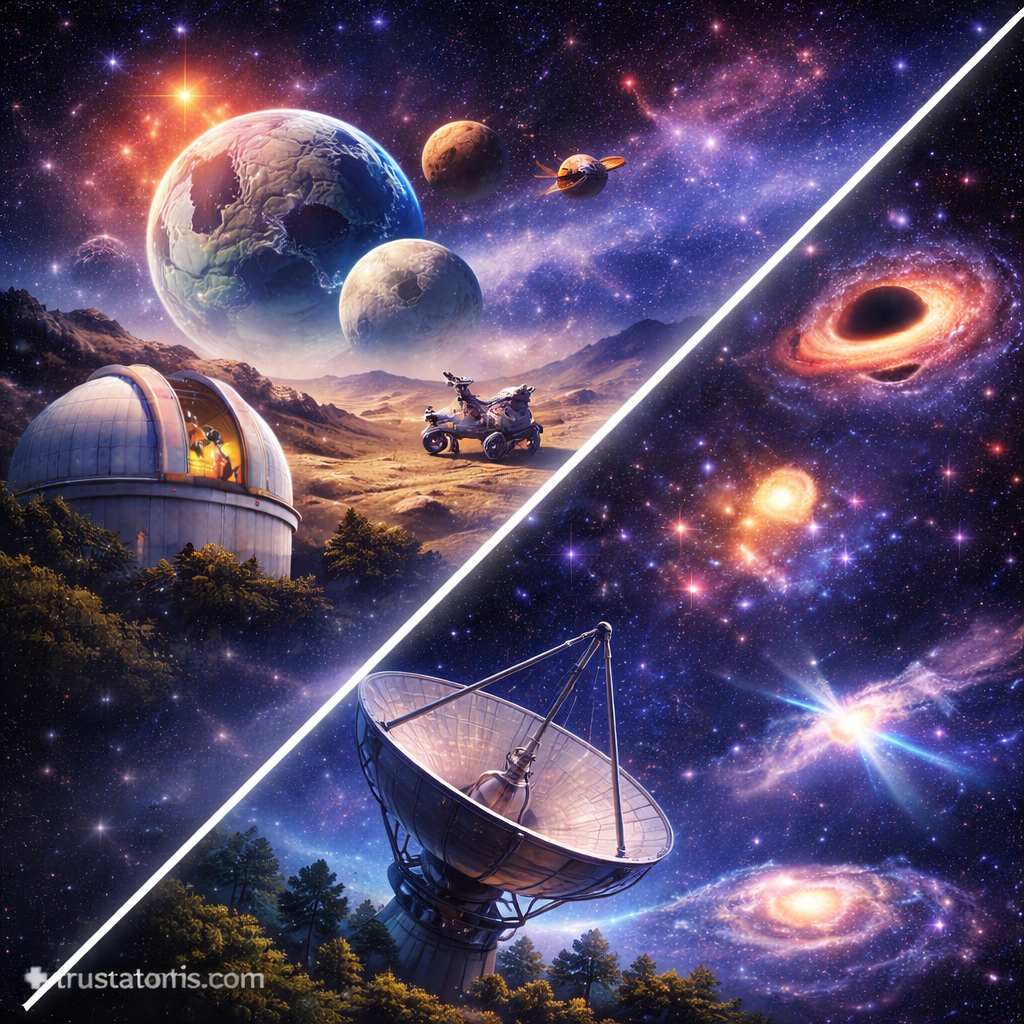 Split illustration showing planetary exploration with an observatory and rover on one side and deep space observation with galaxies and a radio telescope on the other.