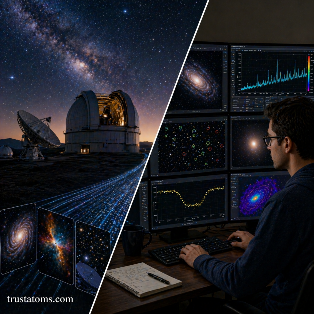 Split illustration showing observatory telescope data collection and digital astronomy data analysis on computer screens.