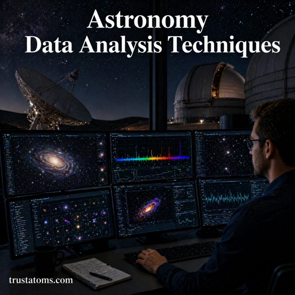 Illustration of astronomy data analysis showing a researcher analyzing cosmic data on multiple screens in an observatory control room.
