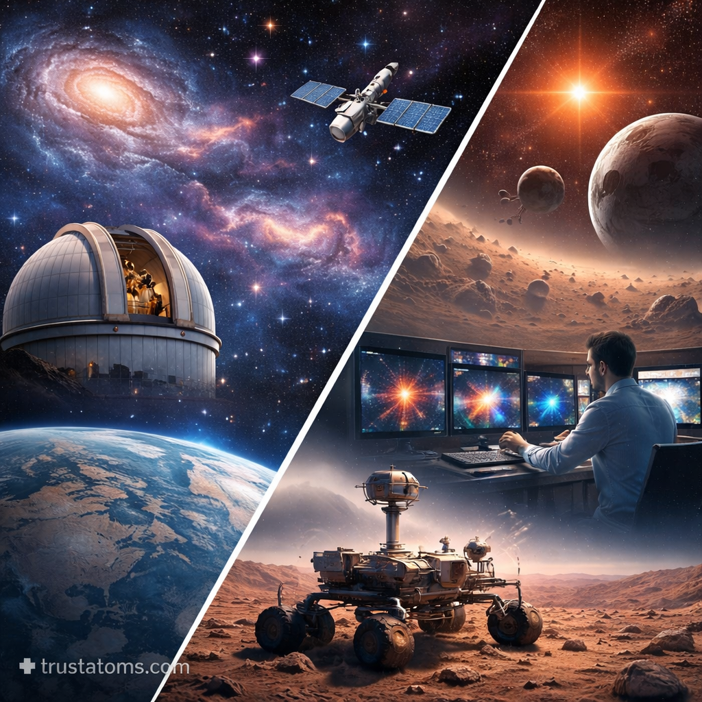 Split illustration showing an observatory and satellite in space alongside a scientist analyzing data and a Mars rover on a planetary surface.