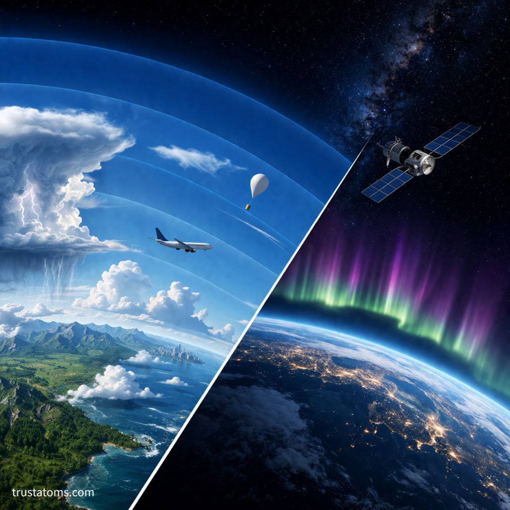 Split-view illustration showing Earth’s lower atmosphere with weather and aircraft transitioning into outer space with auroras and a satellite.