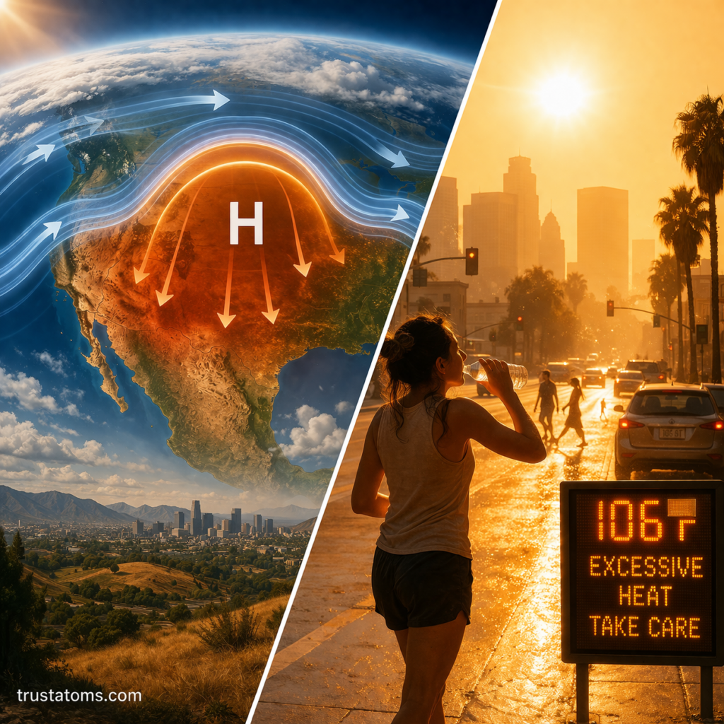 Split illustration showing atmospheric blocking with a high-pressure heat dome and a city experiencing extreme heat during a heat wave.