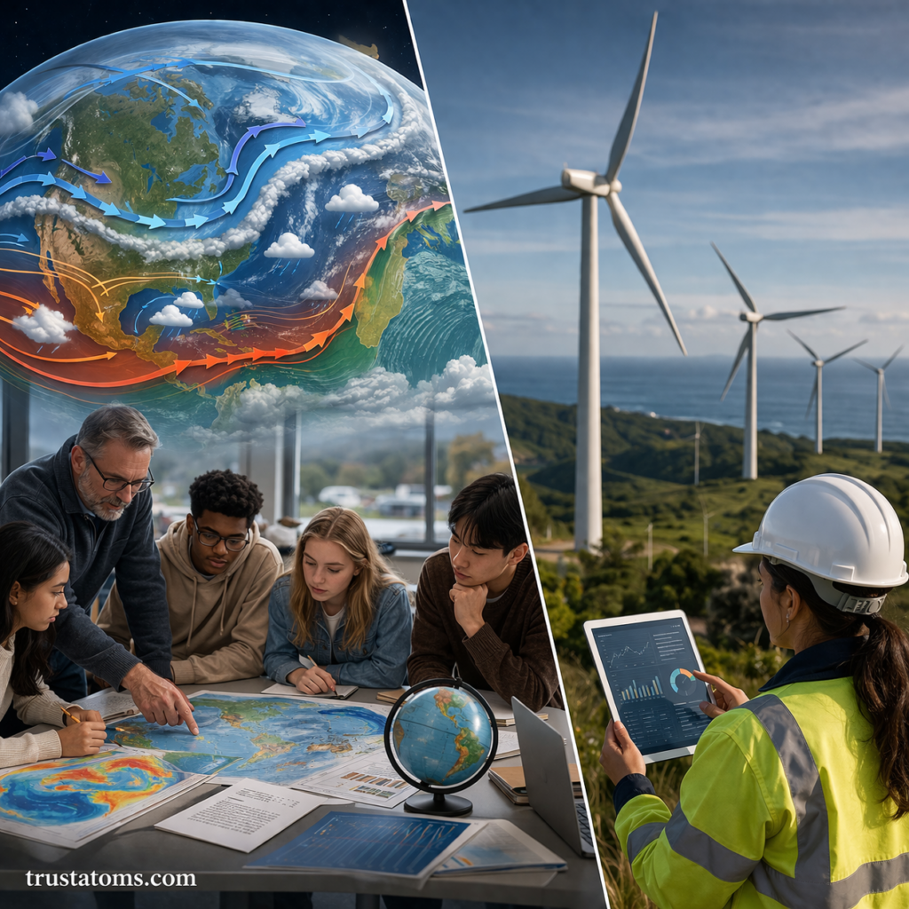 Split illustration showing atmospheric circulation patterns on one side and wind turbines generating energy on the other.