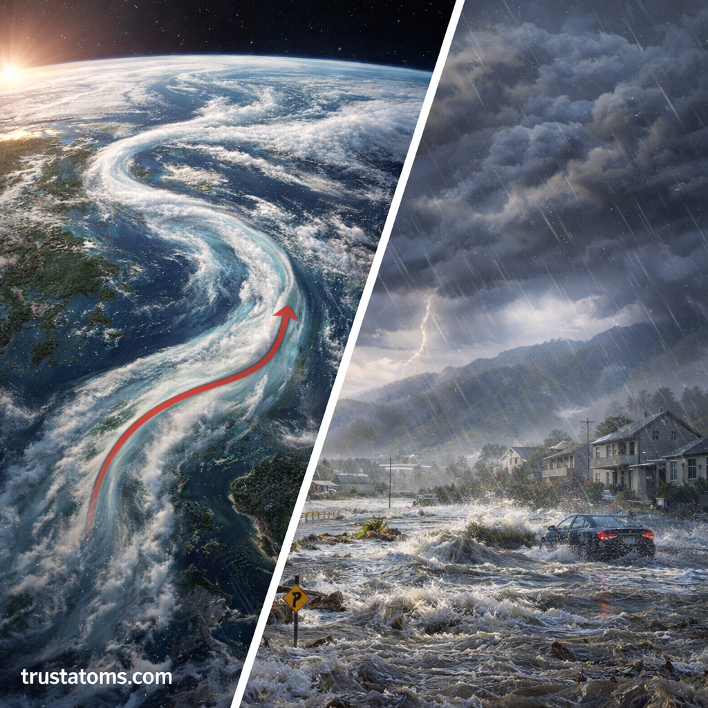 Split illustration showing atmospheric river moisture flow from space on one side and heavy rainfall causing flooding in a suburban area on the other.