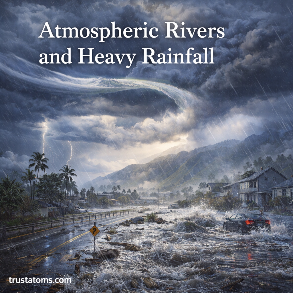 Illustration showing an atmospheric river bringing heavy rainfall, flooding a town with rising water and storm clouds overhead.