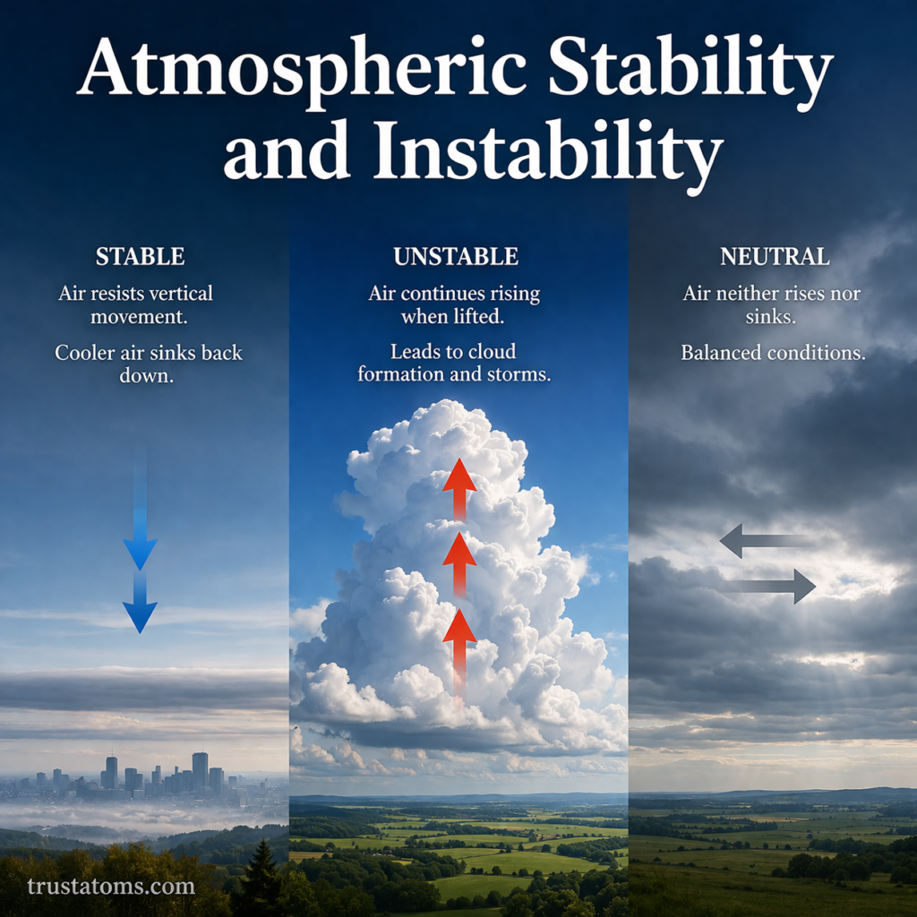 Atmospheric stability and instability diagram showing stable, unstable, and neutral air movement with clouds and arrows.