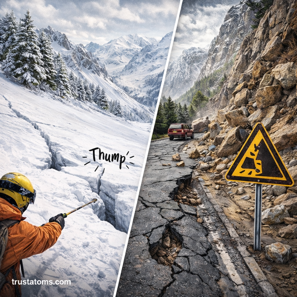 Split illustration showing avalanche warning signs with snow cracks on one side and rockfall hazards along a mountain road on the other.