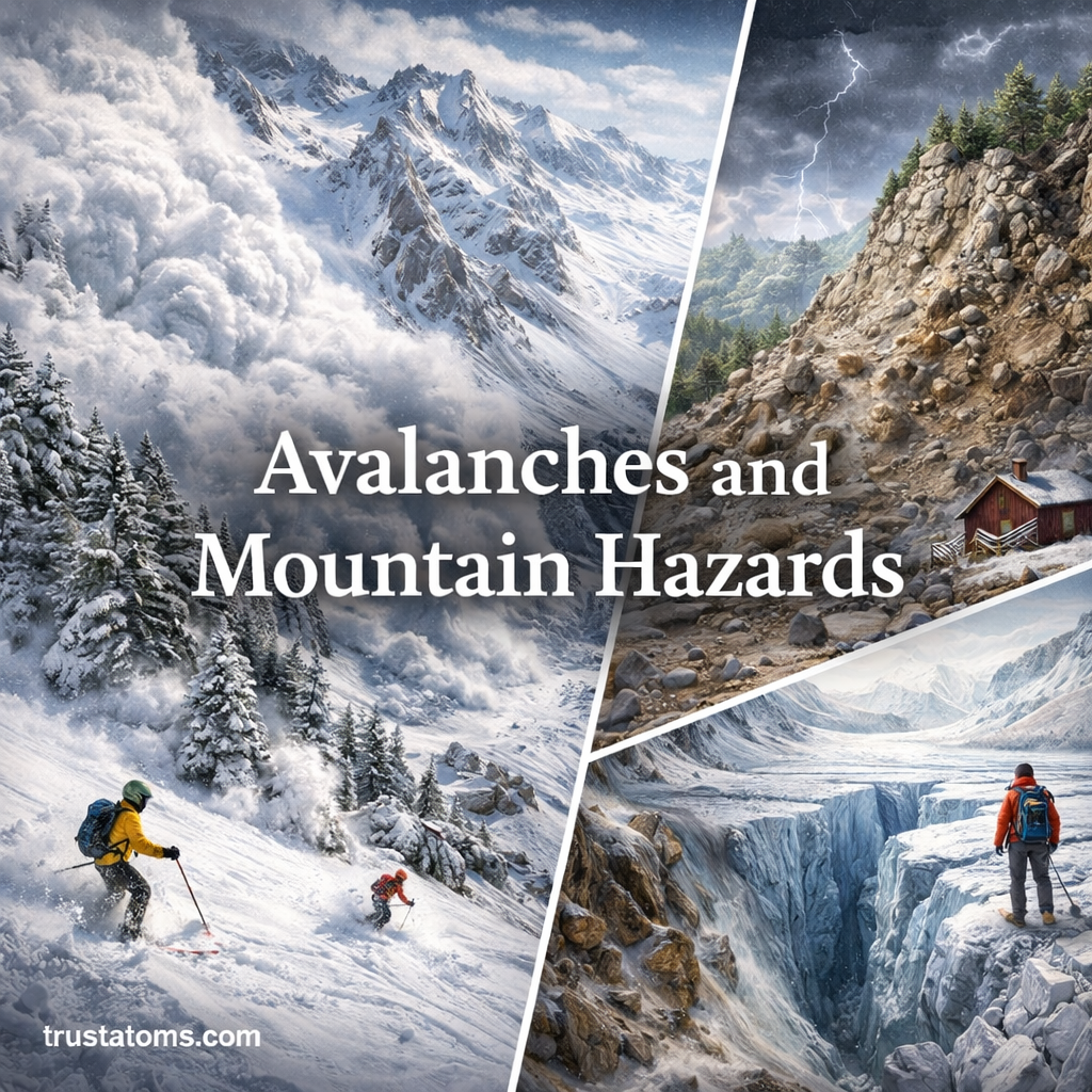 Illustration of avalanches and mountain hazards showing snow avalanche, rockfall, and glacier crevasse in a mountainous landscape.