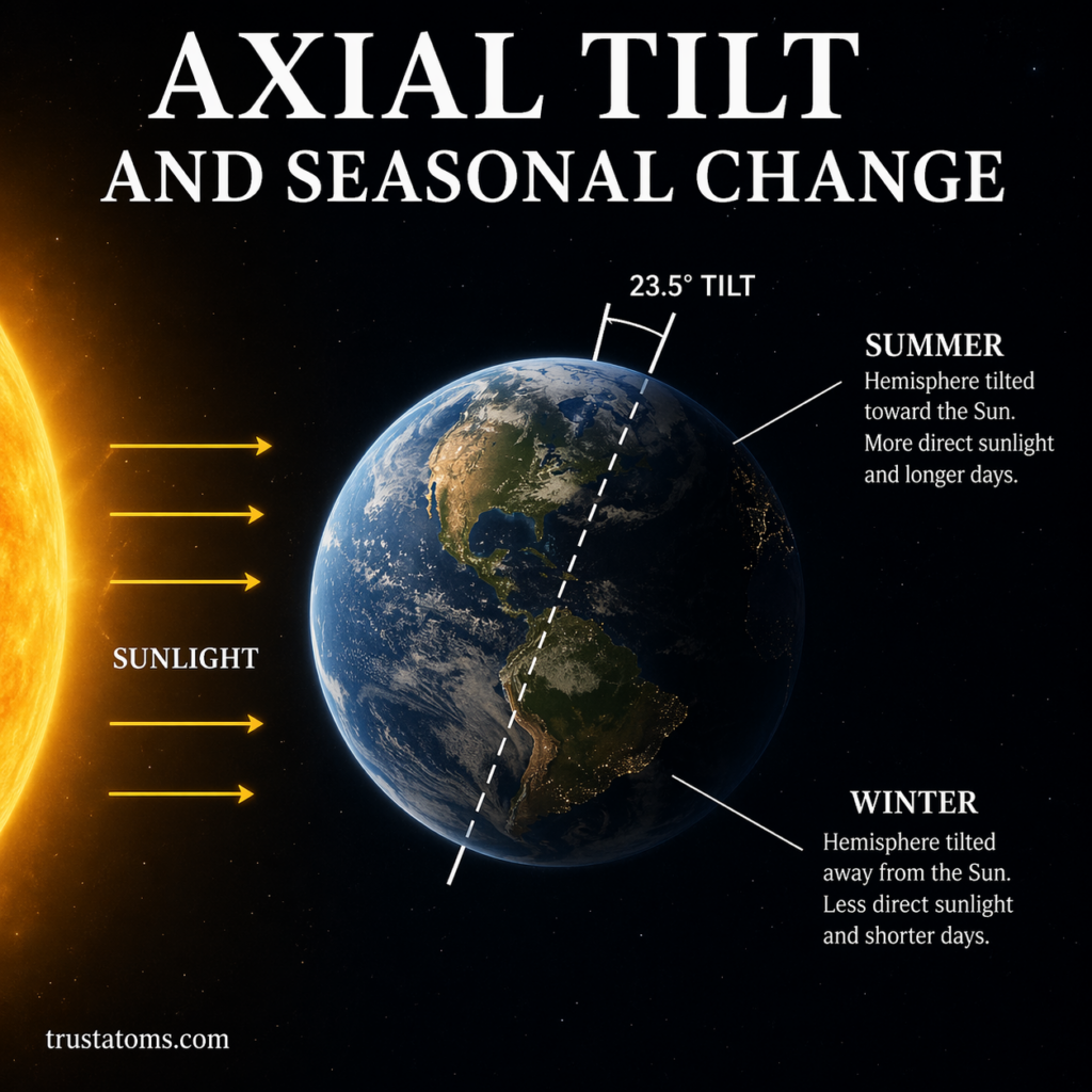 Illustration of Earth’s 23.5 degree axial tilt showing how sunlight angles create seasonal changes across hemispheres.