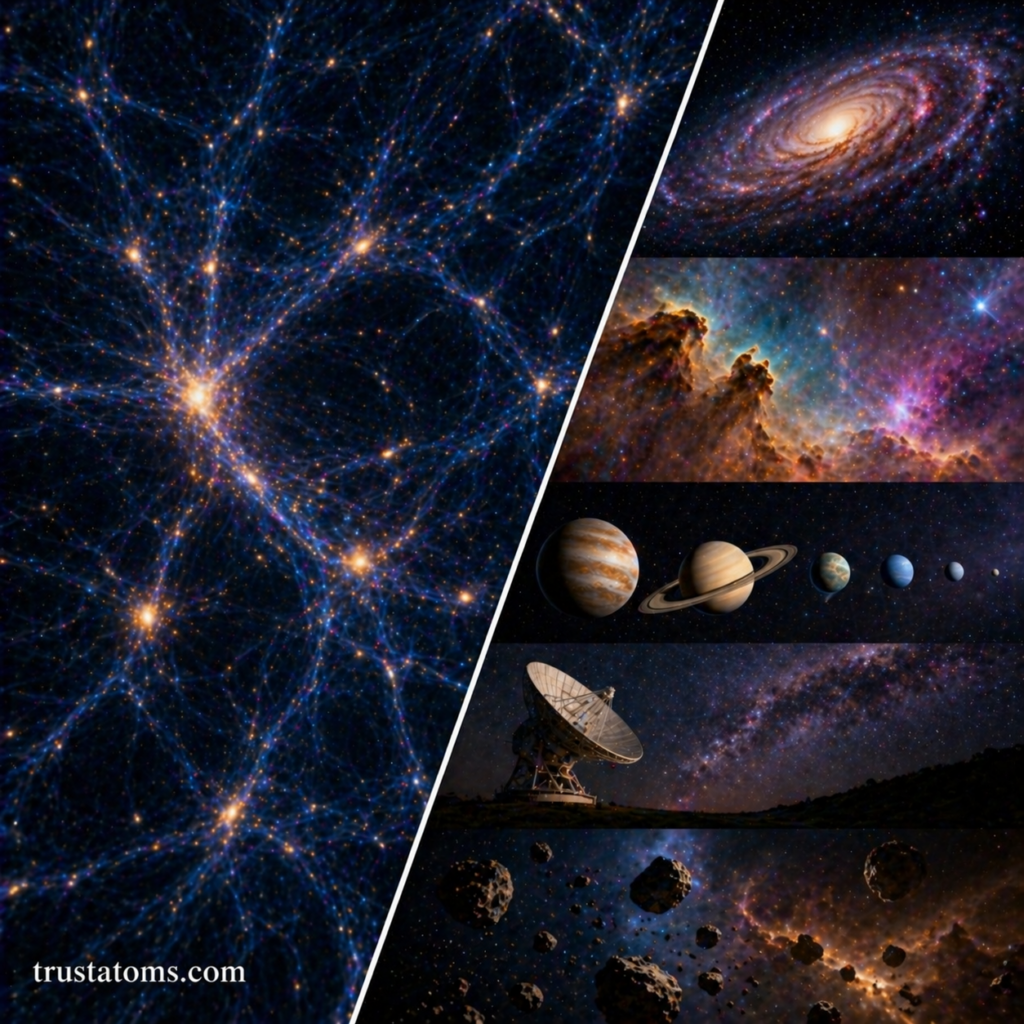 Split illustration showing cosmic web filaments alongside visible baryonic matter like galaxies, nebulae, planets, and cosmic dust.