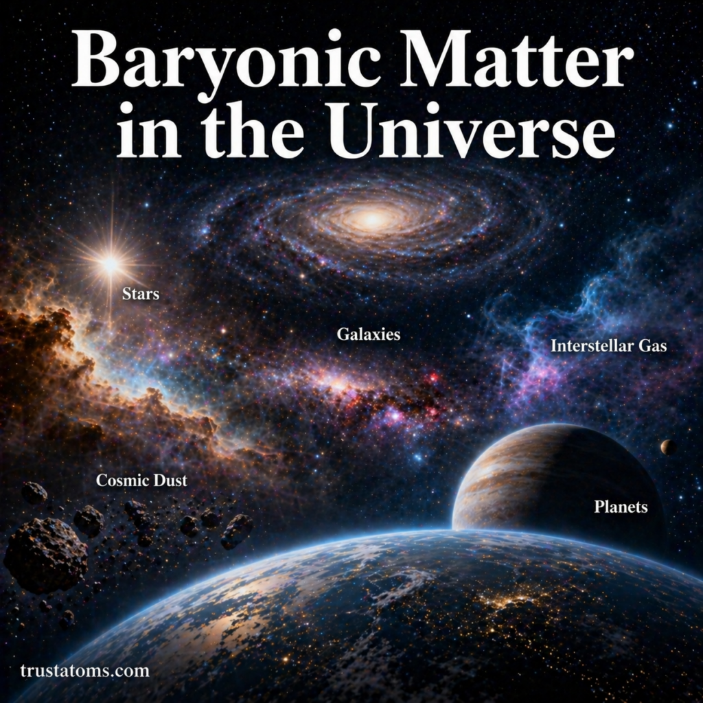 Illustration of baryonic matter showing stars, galaxies, interstellar gas, cosmic dust, and planets in the universe.