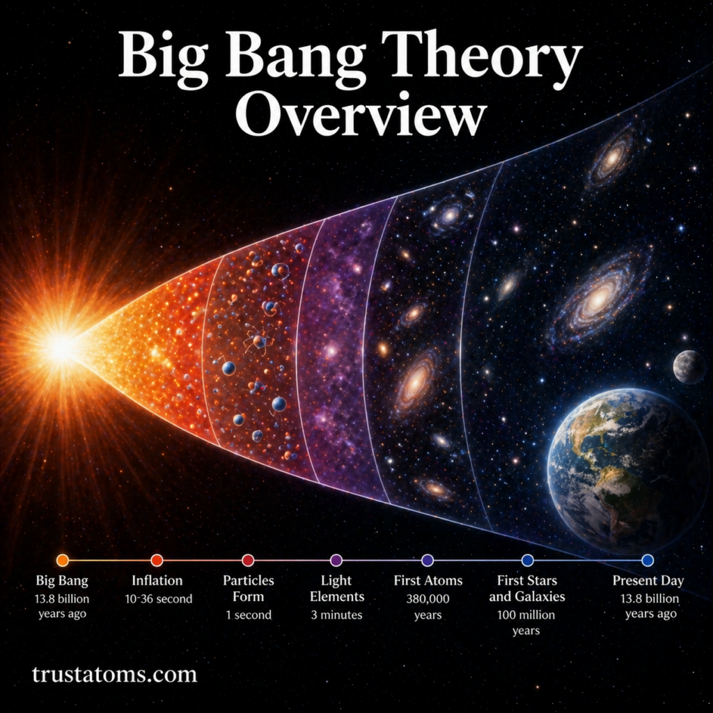 Illustration of the Big Bang theory timeline showing the universe expanding from an early hot dense state to modern galaxies and planets.