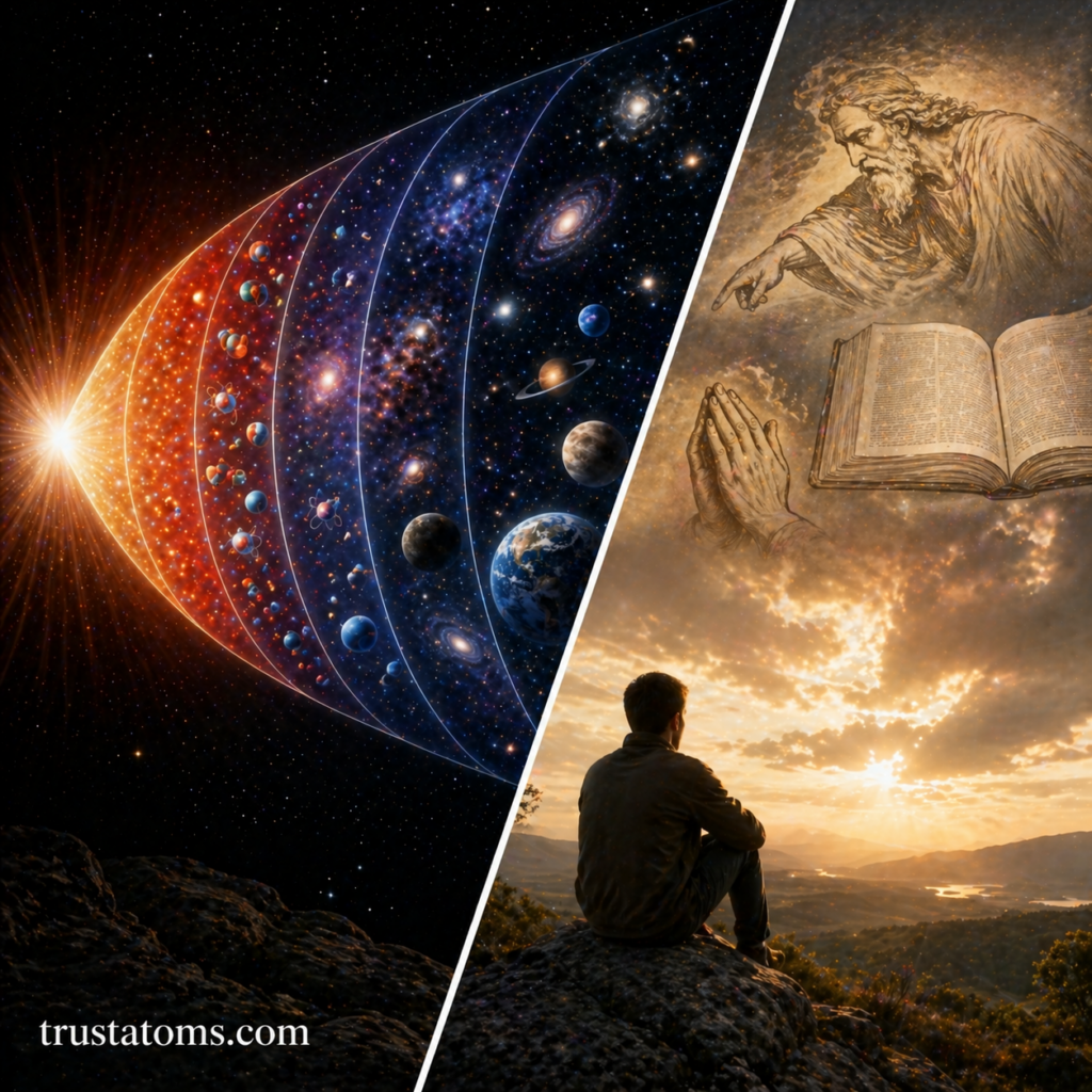 Split illustration showing the scientific Big Bang expansion on one side and a symbolic creation or philosophical perspective on the other.