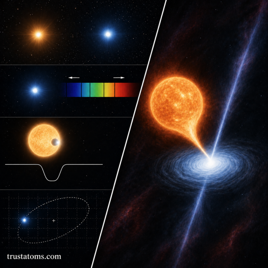 Split diagram showing different binary star observation types and a mass transfer system with accretion disk.