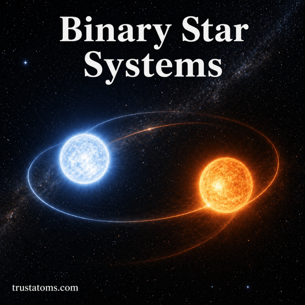 Illustration of two stars orbiting each other in a binary star system with visible orbital paths in space.