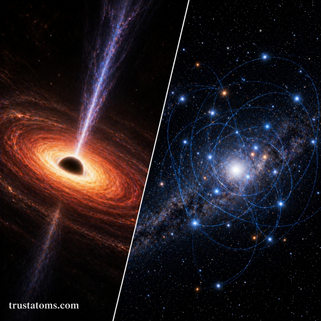 Split illustration showing a supermassive black hole with accretion disk and jets compared to stars orbiting a galactic center.