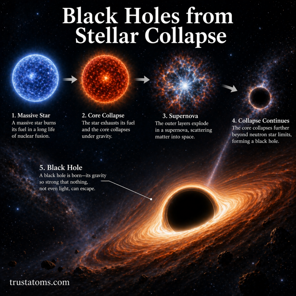 Illustration showing the stages of stellar collapse from a massive star to supernova and final black hole with an accretion disk.