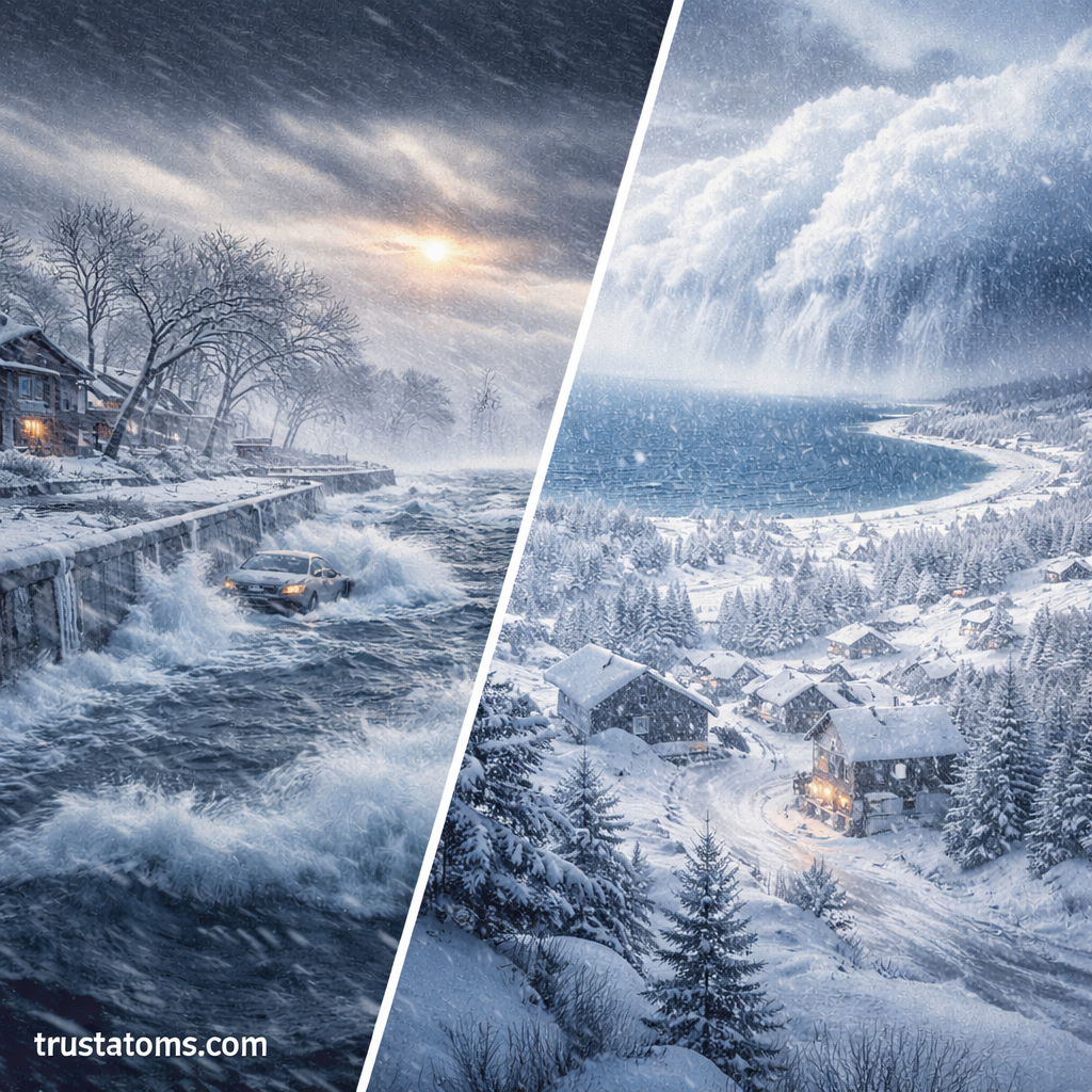 Split illustration showing a coastal nor’easter with strong winds and waves, and a lake-effect snowstorm producing heavy snowfall over a town.