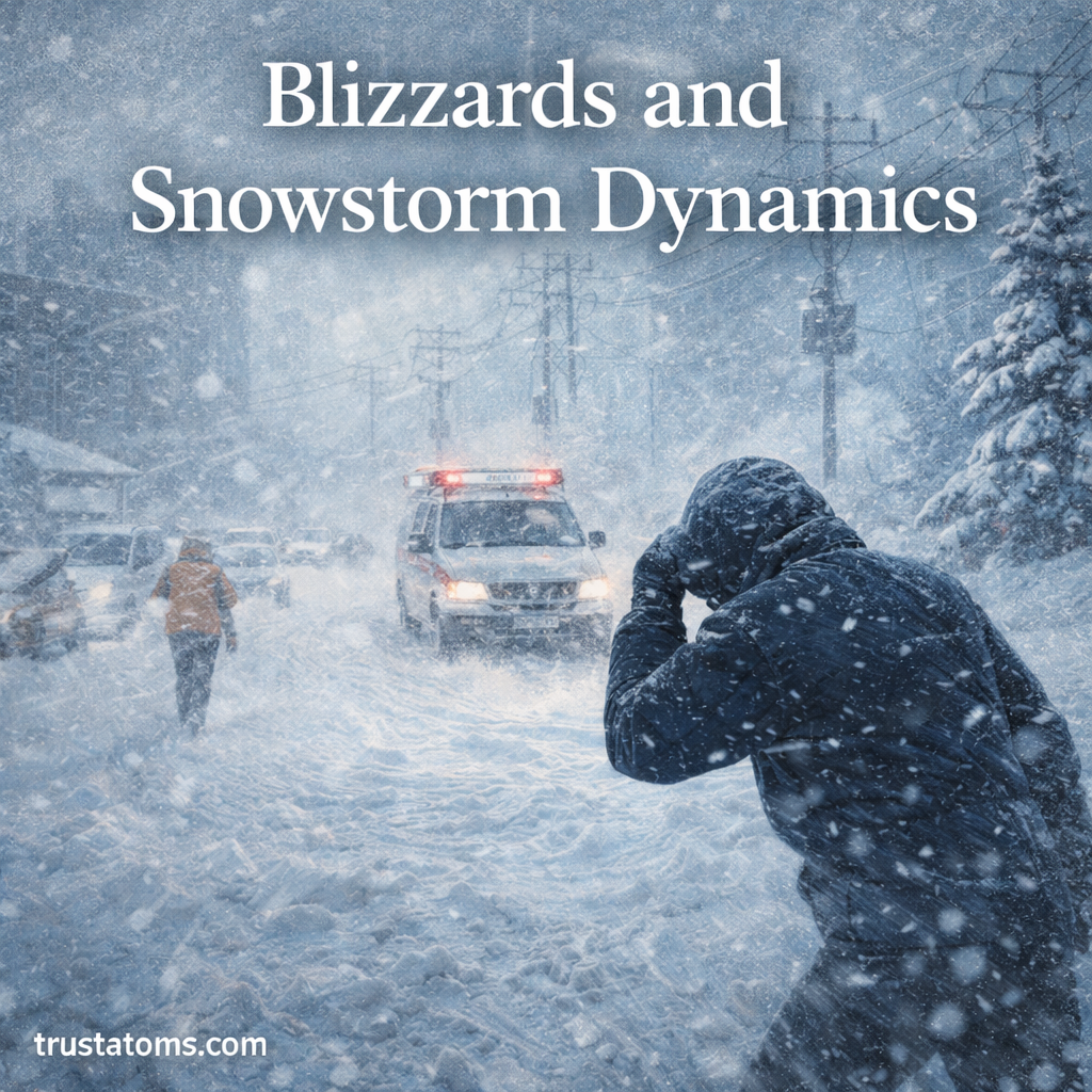Illustration showing a severe blizzard with heavy snow, strong winds, low visibility, and emergency vehicles in a snow-covered city.