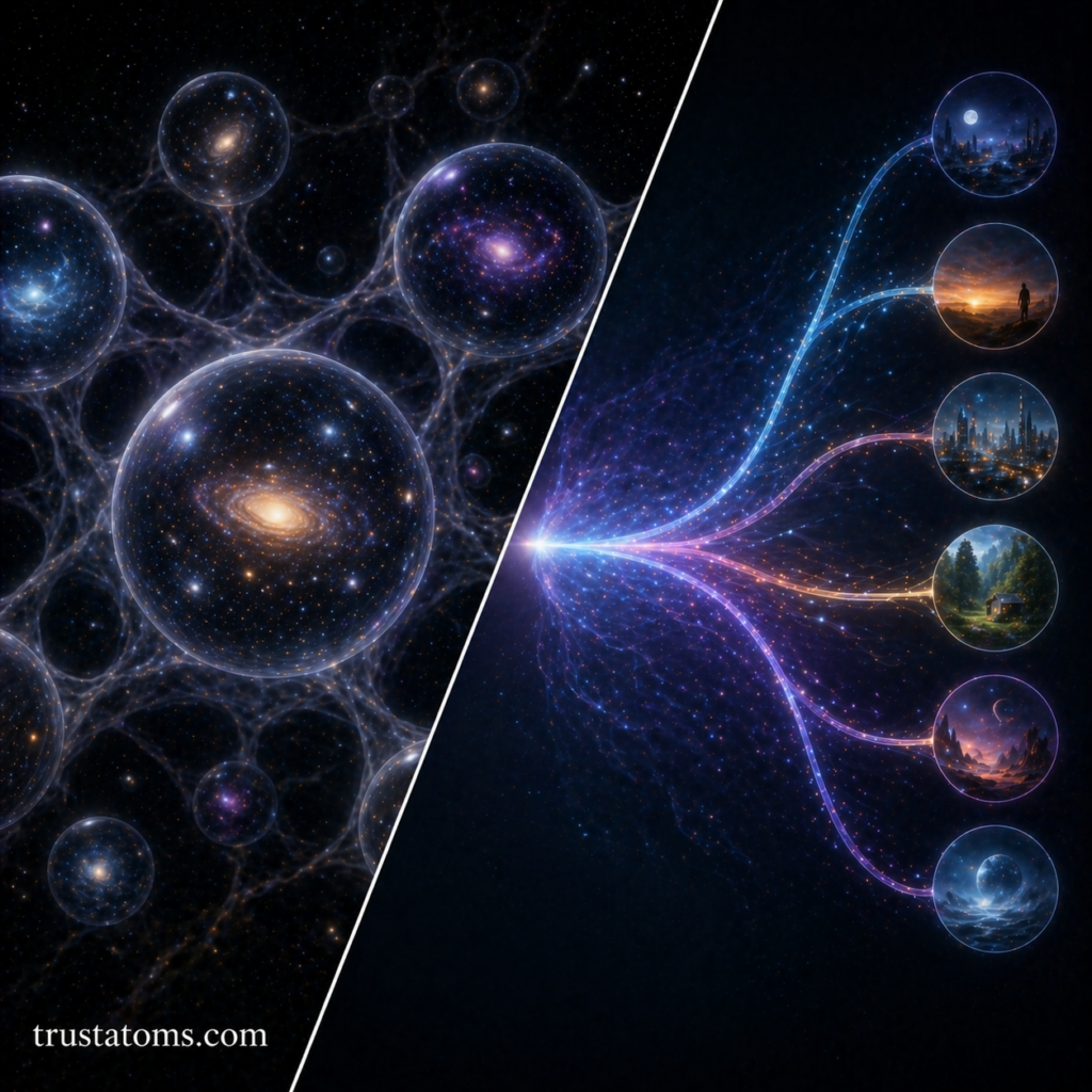 Split illustration showing bubble universes connected in a cosmic web on one side and branching quantum multiverse paths on the other.