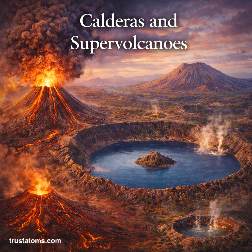 Illustration showing caldera formation and supervolcano eruption with large crater lake, lava flows, and ash cloud.