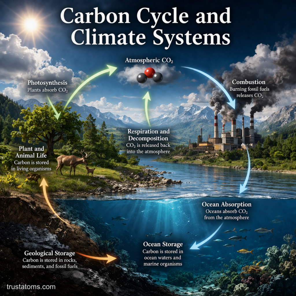 Illustrated diagram of the carbon cycle showing atmospheric carbon dioxide, photosynthesis, respiration, ocean absorption, and fossil fuel emissions.