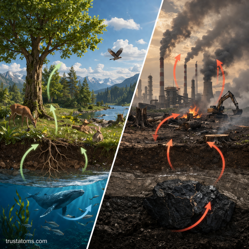 Split image showing natural carbon cycle with forests and ocean on one side and human impact with deforestation, industry, and emissions on the other.