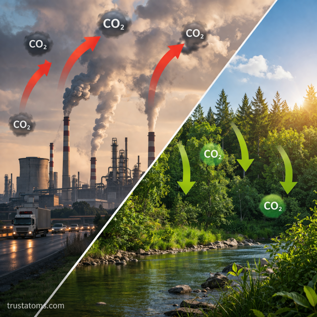 Split illustration showing carbon dioxide emissions from factories and vehicles on one side and absorption by forests and rivers on the other.