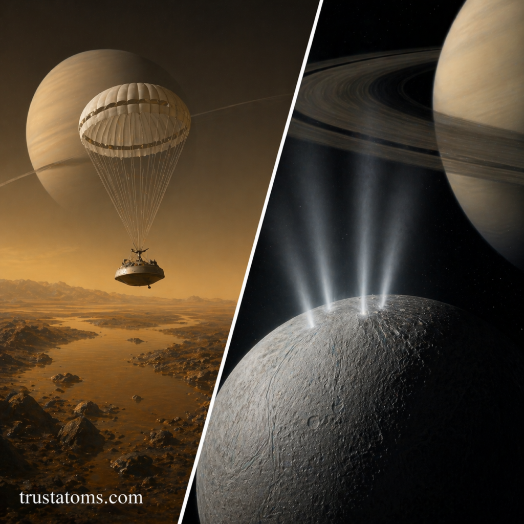 Split illustration showing Huygens probe descending onto Titan and water plumes erupting from Enceladus with Saturn in the background.