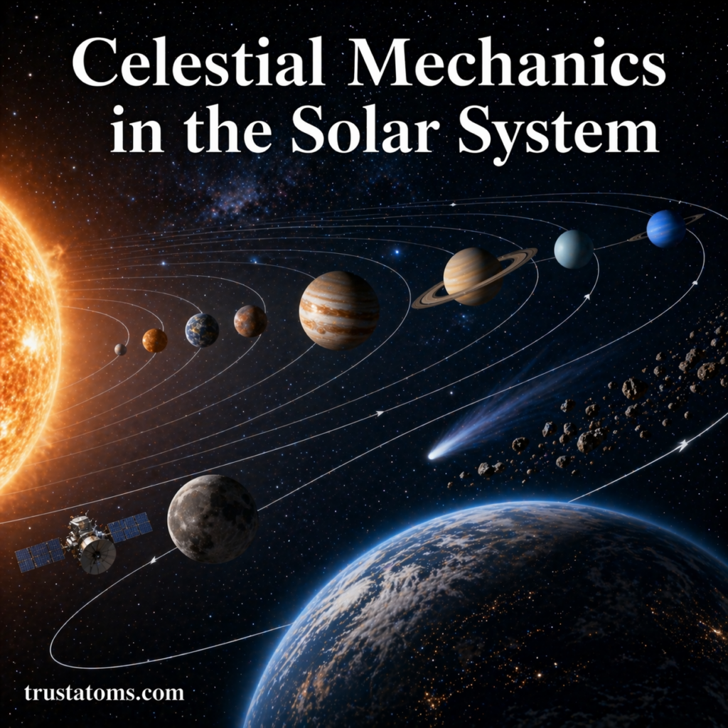 Illustration of celestial mechanics in the solar system showing planets orbiting the Sun along curved paths.