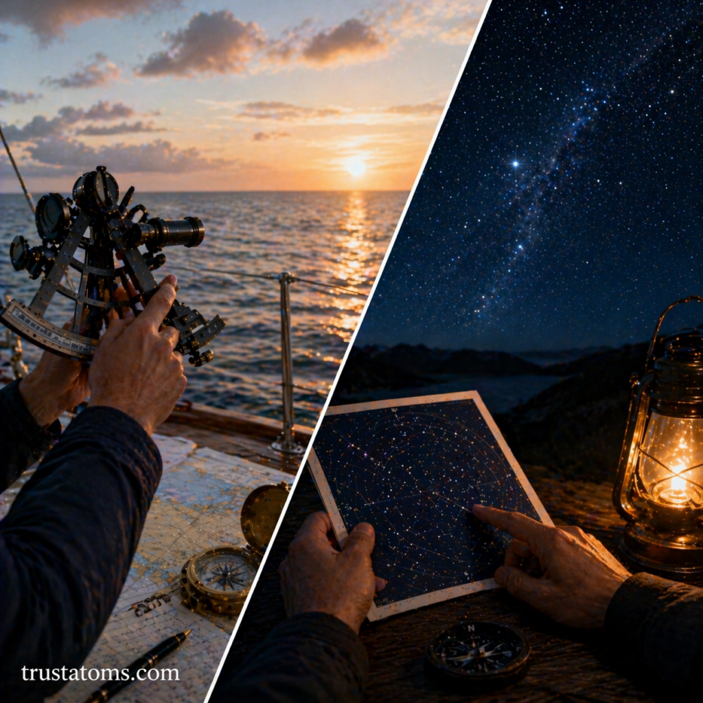 Split illustration showing celestial navigation using a sextant during the day and star charts at night under a starry sky.