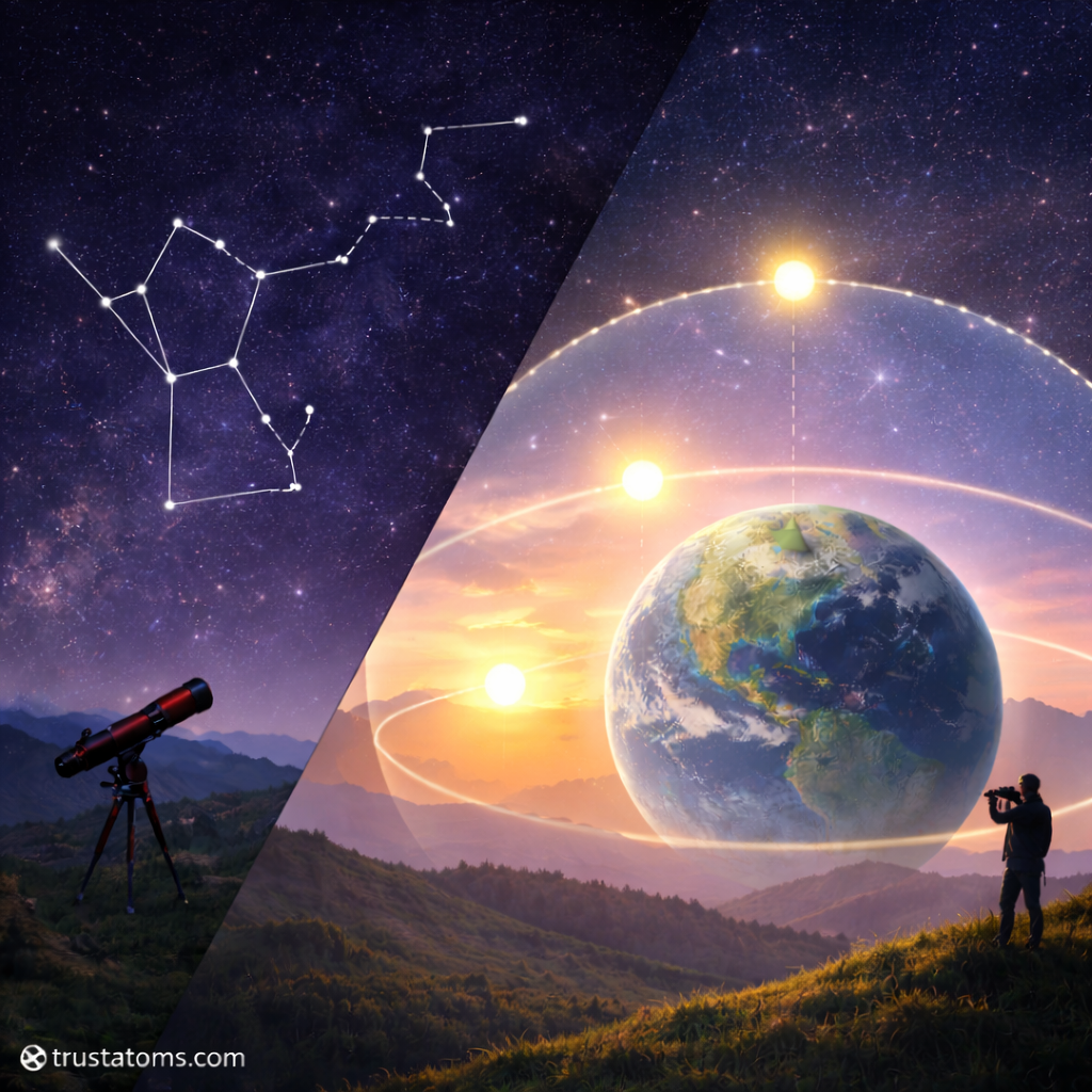 Split illustration showing constellations in the night sky on one side and Earth with the Sun’s apparent path across the sky on the other.