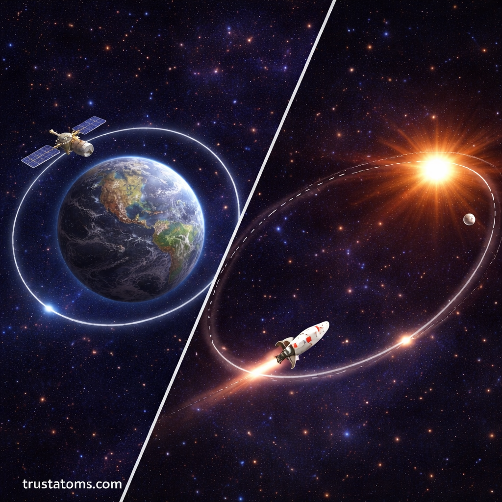 Split illustration showing a satellite in circular orbit around Earth and a spacecraft in elliptical orbit around the Sun.