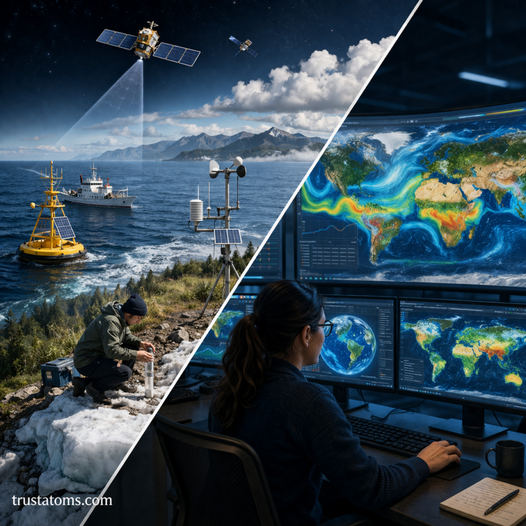 Split illustration showing real-world climate data collection from ocean buoys and weather stations on one side and computer-based climate simulation on the other.