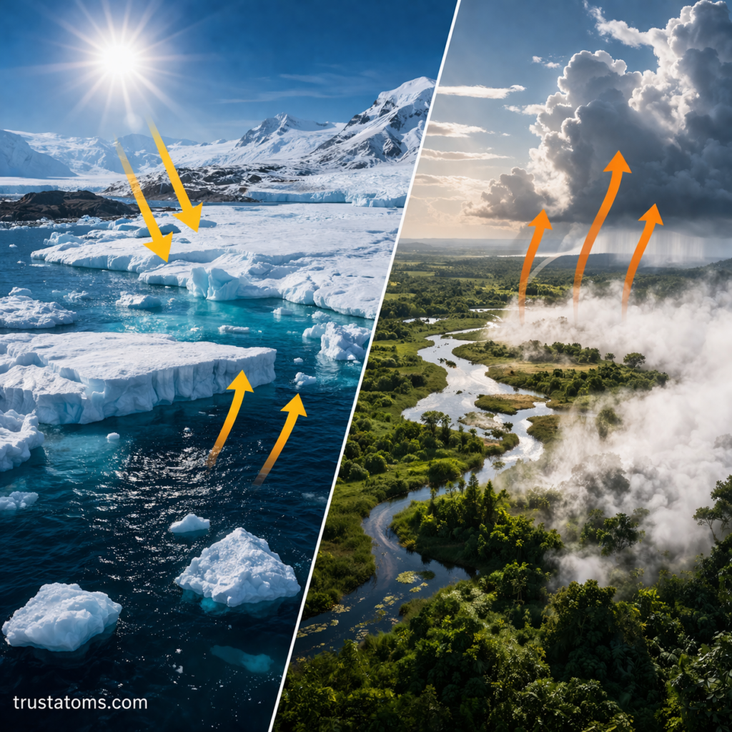 Split illustration showing melting ice and heat absorption contrasted with evaporation and cloud formation as examples of climate feedback processes.