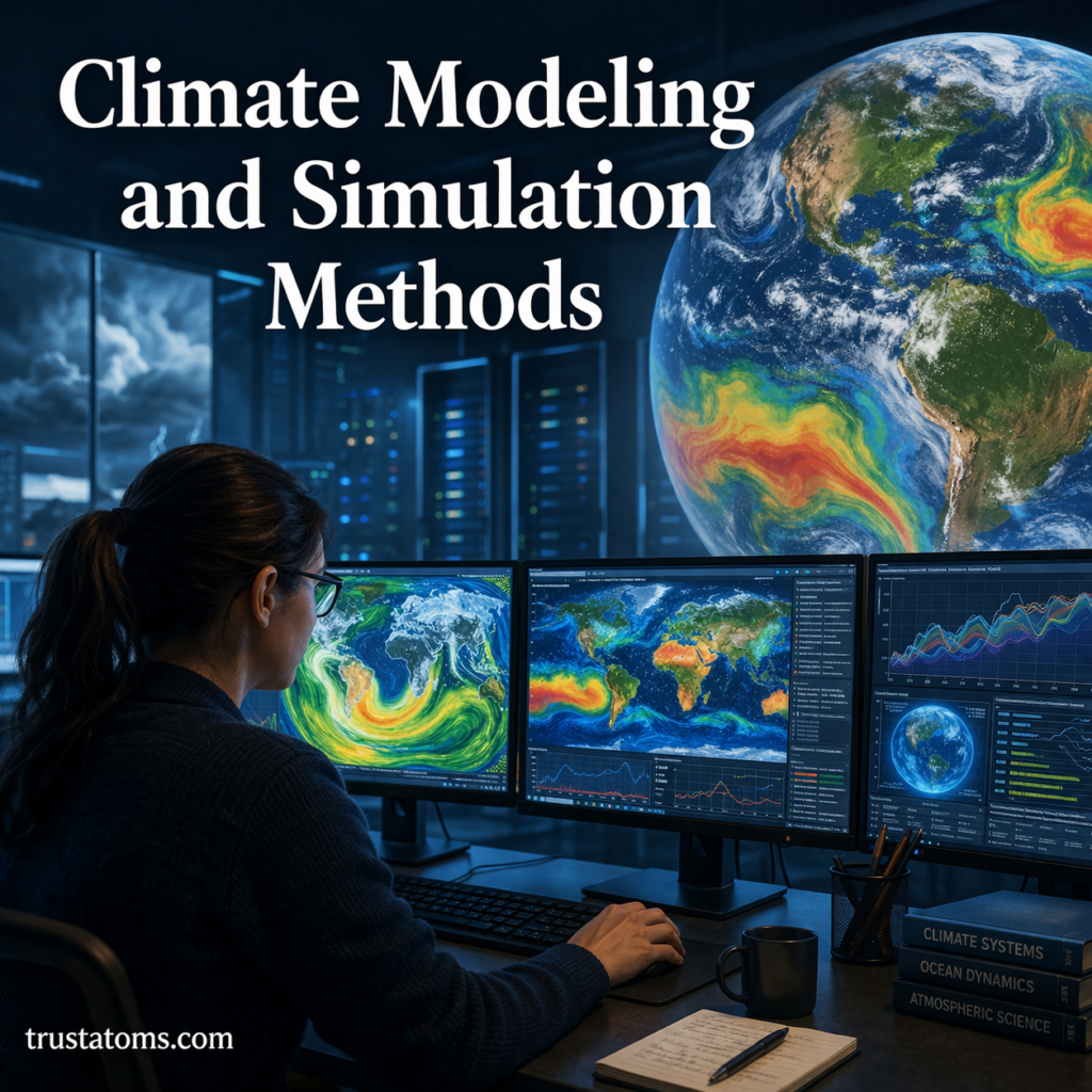 Illustration of climate modeling and simulation with global weather data visualizations on computer screens and Earth climate patterns.