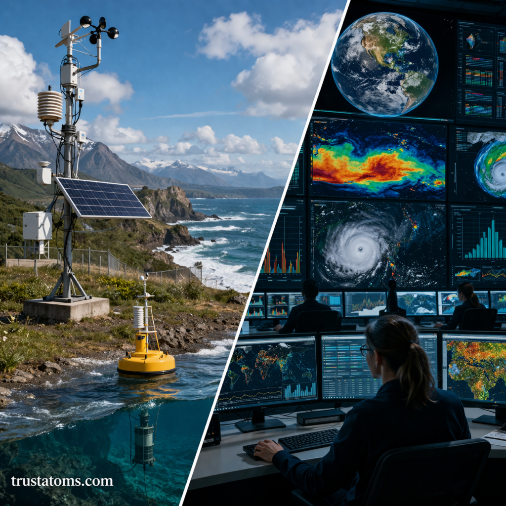 Split illustration showing coastal climate monitoring station with ocean buoy and a data analysis center tracking weather and climate patterns.