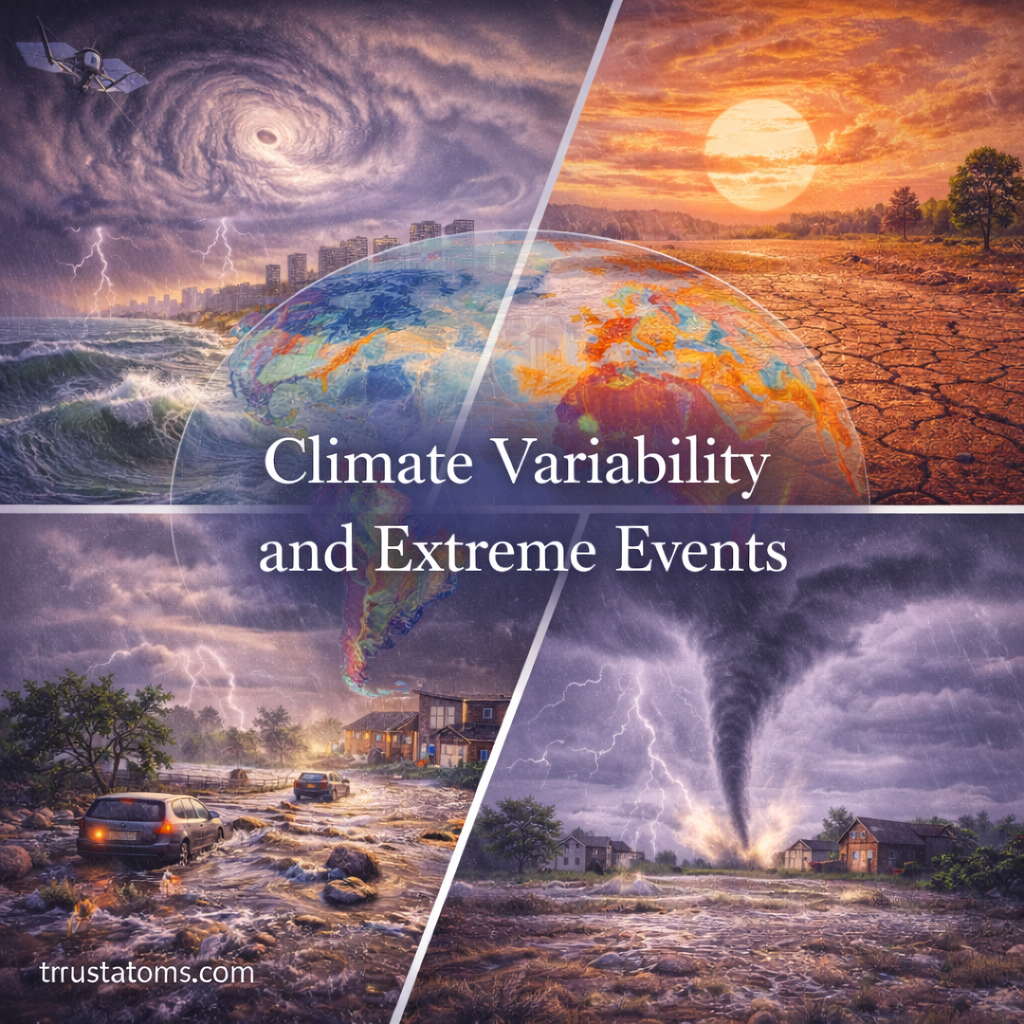 Climate variability and extreme events illustration showing hurricane, drought, flooding, and tornado impacts across different regions.