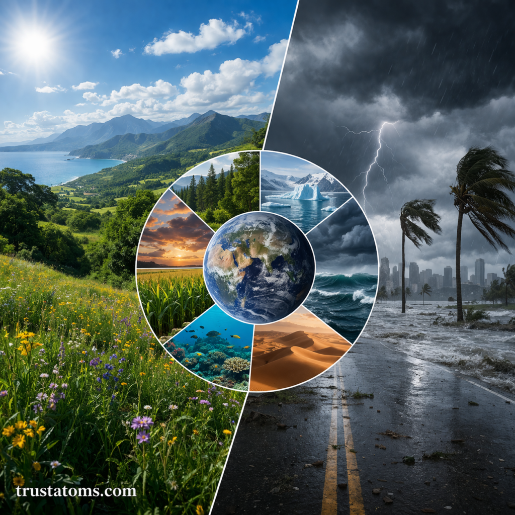 Split image showing calm sunny climate landscape on one side and severe storm conditions with lightning and flooding on the other, with global climate zones illustrated in the center.