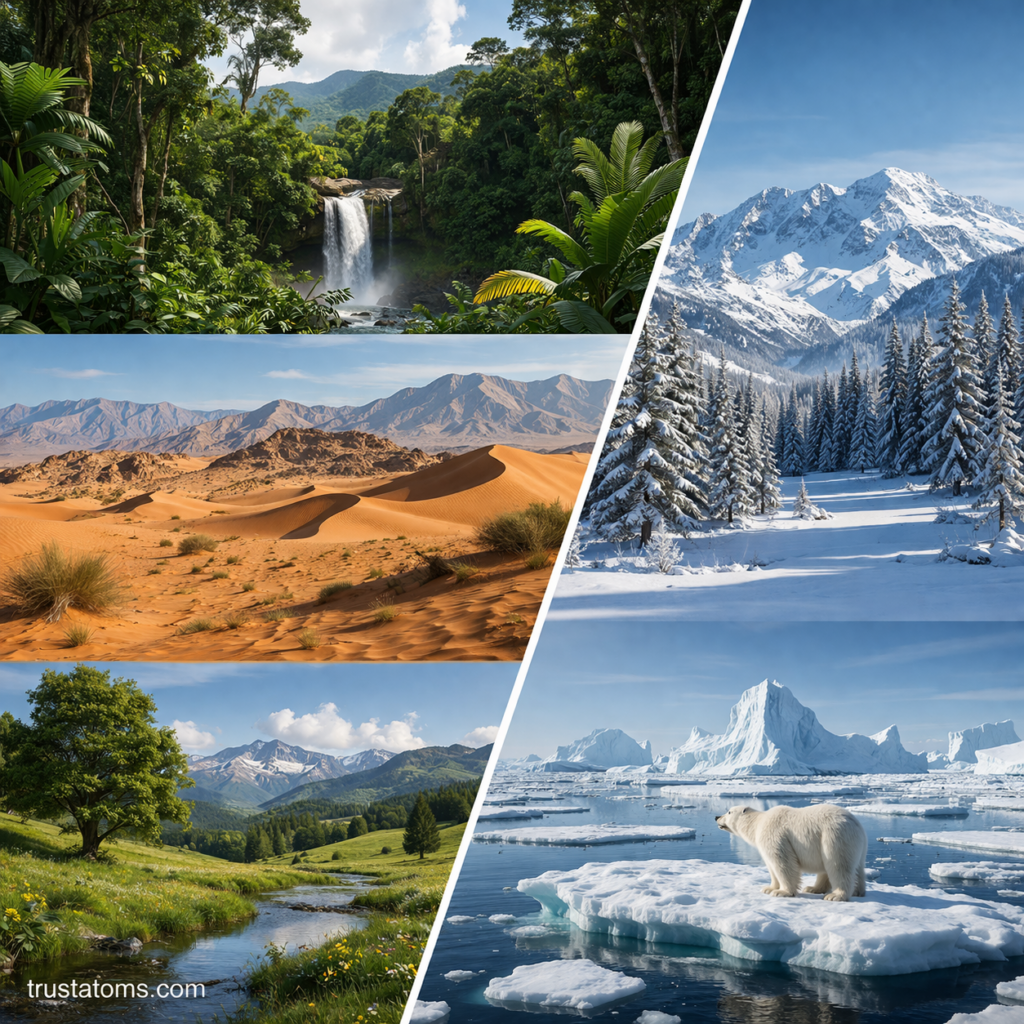 Composite image showing different climate environments including rainforest, desert, temperate valley, snowy forest, and polar ice landscape.