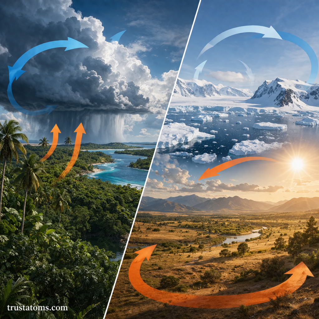Split illustration showing tropical rainforest with rising warm air and polar icy landscape with cold air circulation.