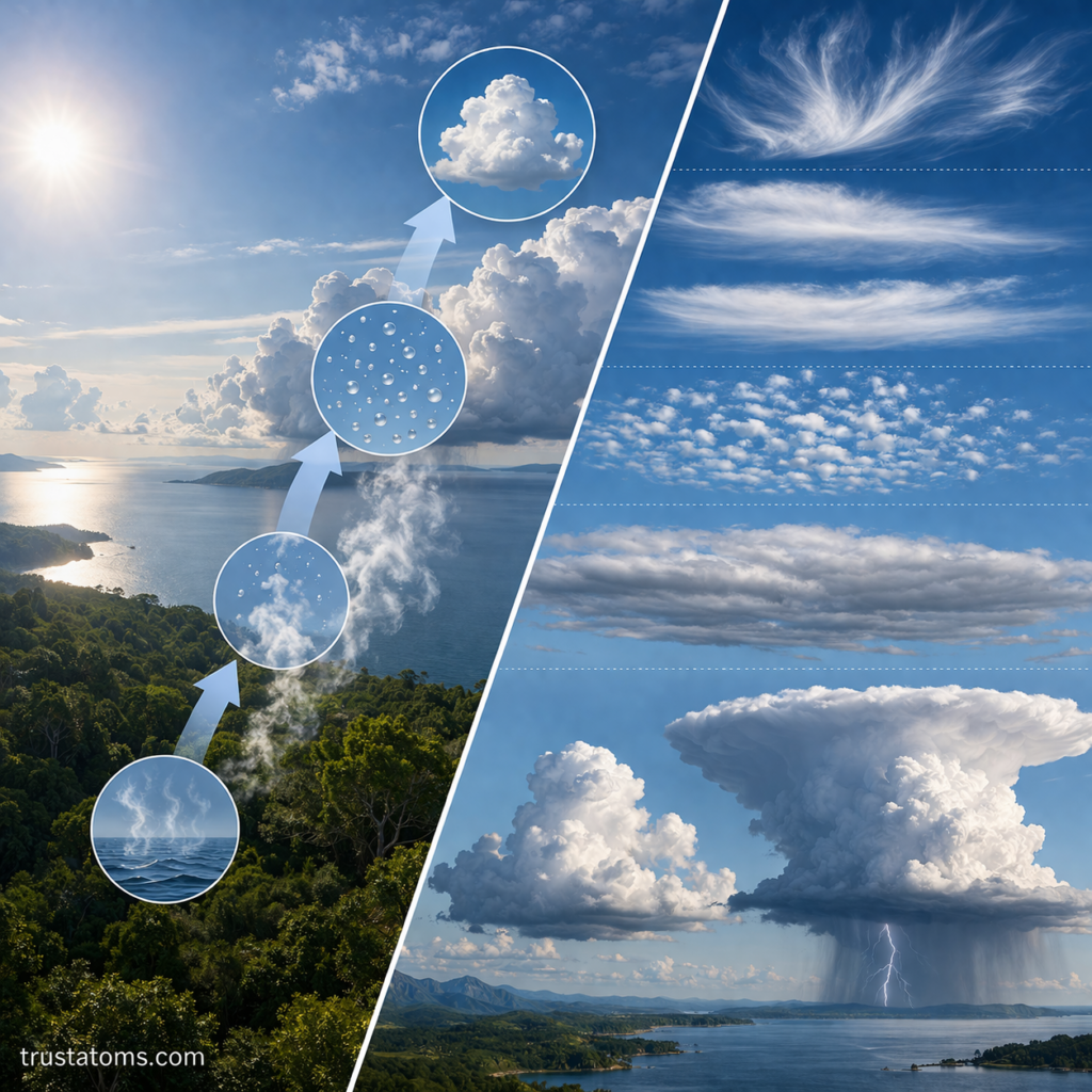 Split-view illustration showing cloud formation through evaporation and condensation on one side and different cloud types by altitude on the other.