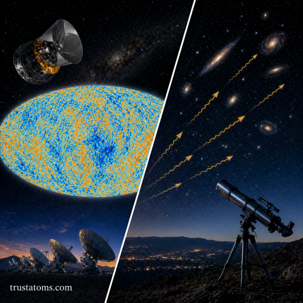 Split illustration showing cosmic microwave background observation with satellites and radio telescopes on one side and galaxy expansion observed through a telescope on the other.
