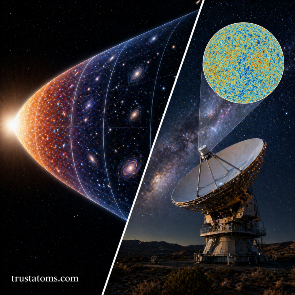 Split illustration showing early universe expansion on one side and a radio telescope detecting cosmic microwave background radiation on the other.