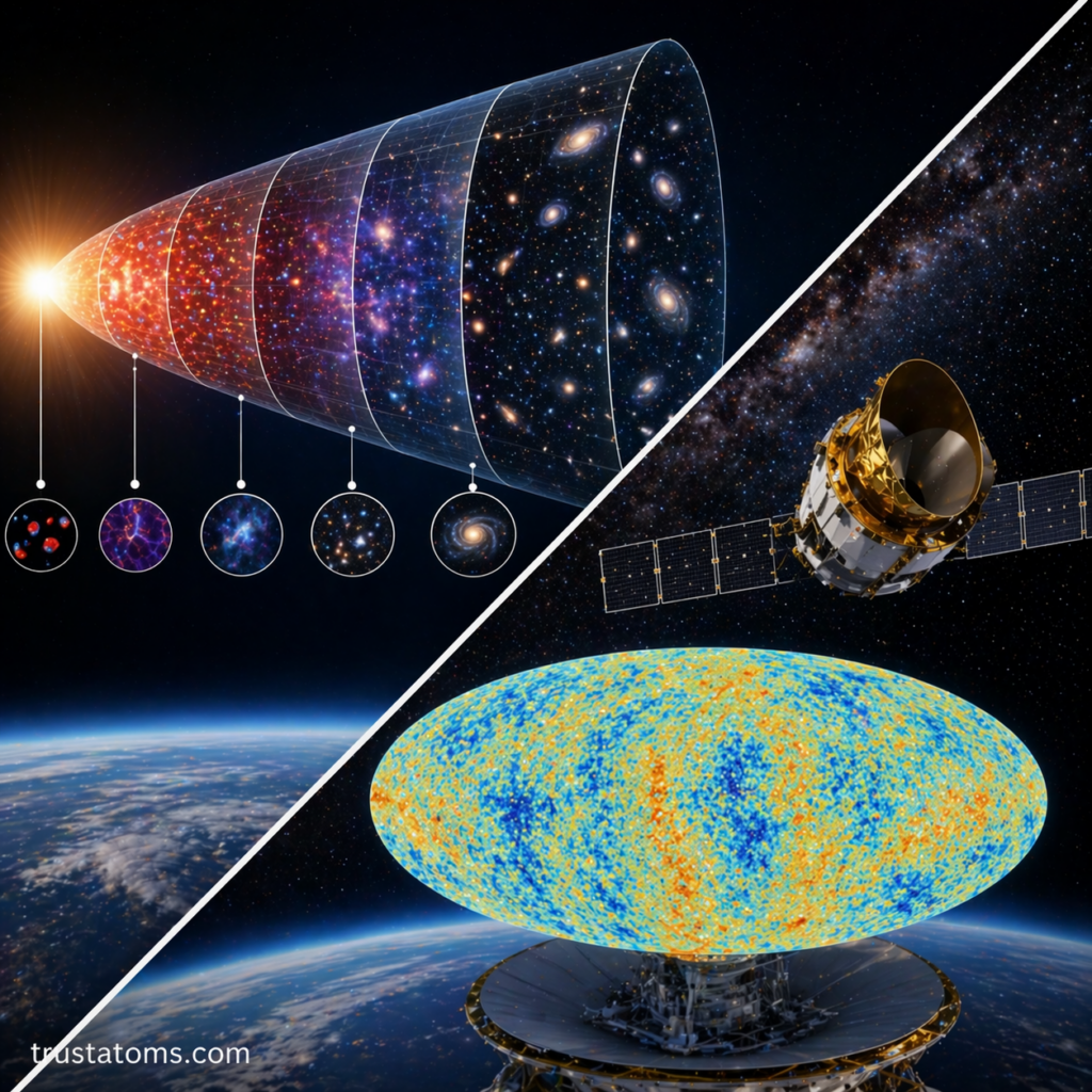 Split illustration showing early universe expansion on one side and cosmic microwave background detection with satellite on the other.
