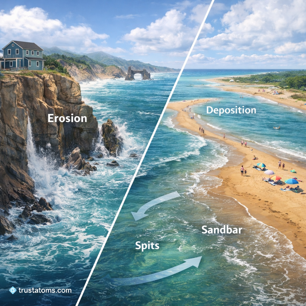 Split image showing coastal erosion with rocky cliffs and wave impact on one side and sandy beach deposition with sandbars on the other.