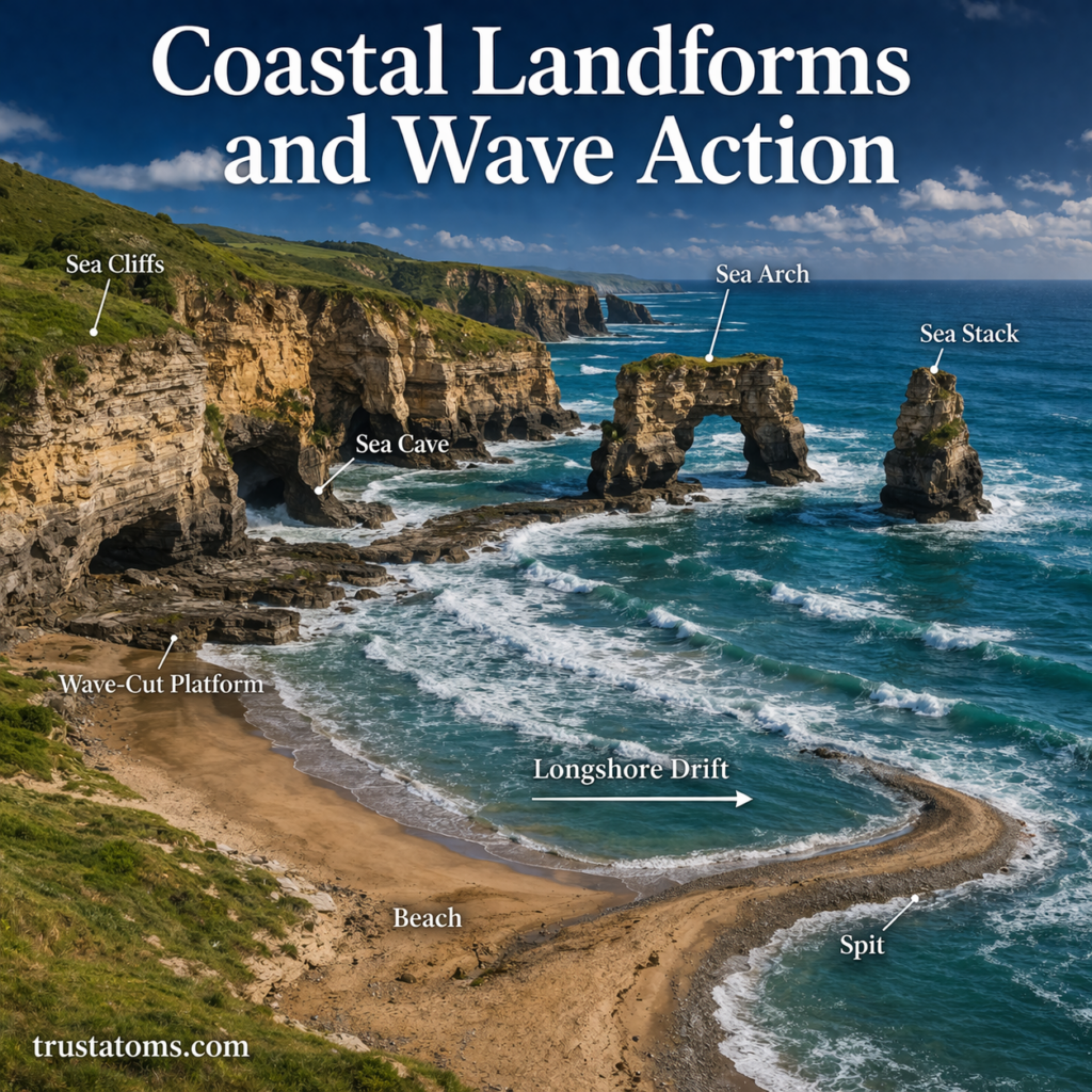 Coastal landscape illustration showing sea cliffs, sea arch, sea stack, beach, and wave action shaping the shoreline.
