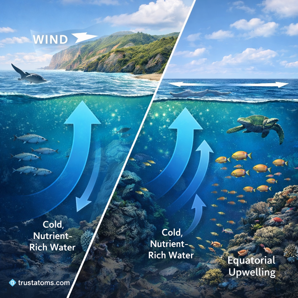 Split diagram showing coastal and equatorial upwelling with nutrient-rich deep water rising to the ocean surface and supporting marine ecosystems.