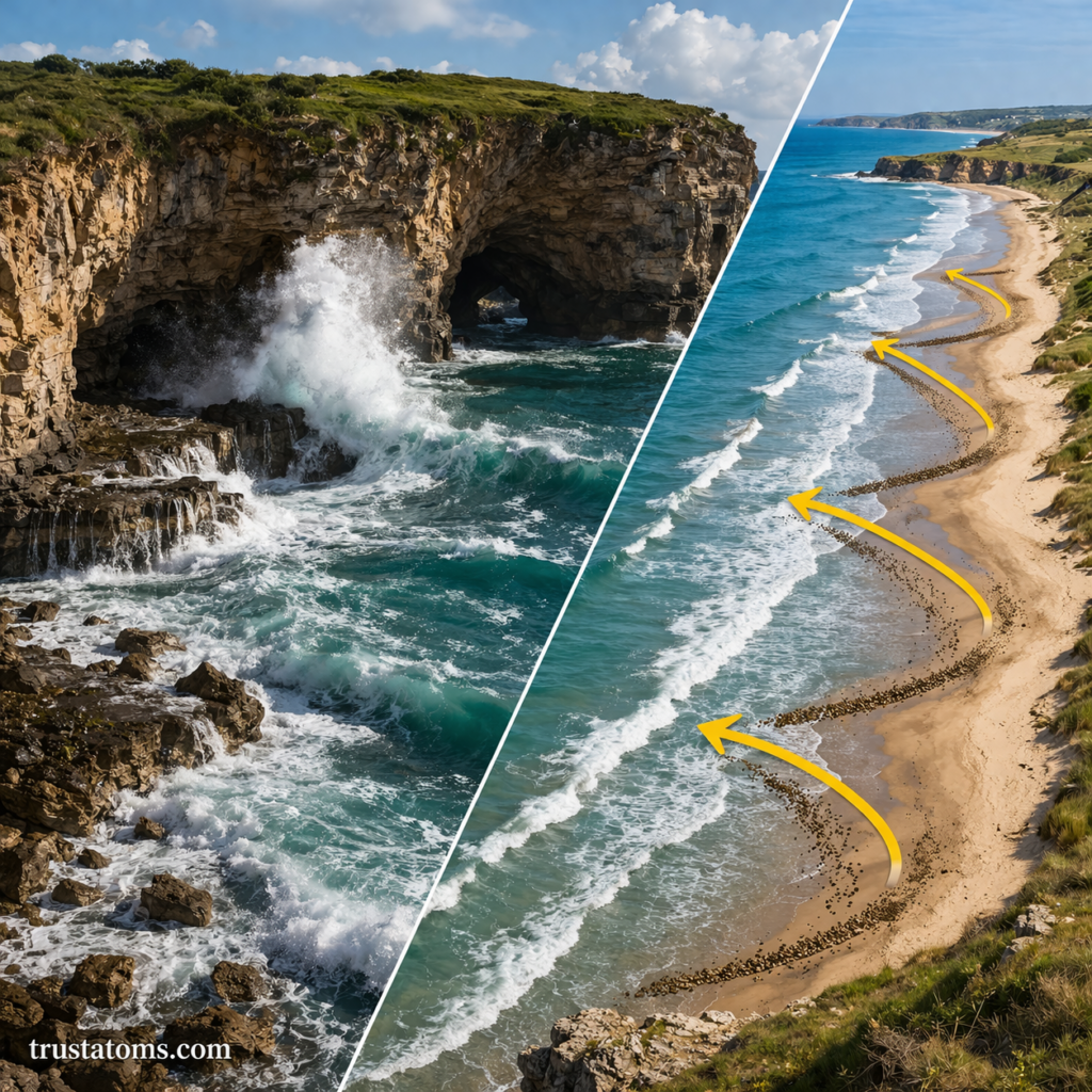 Split diagram showing coastal cliff erosion and longshore drift moving sediment along a beach.